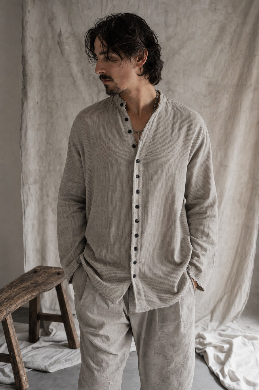 AITO Cotton Button-Up Shirt — Light Grey