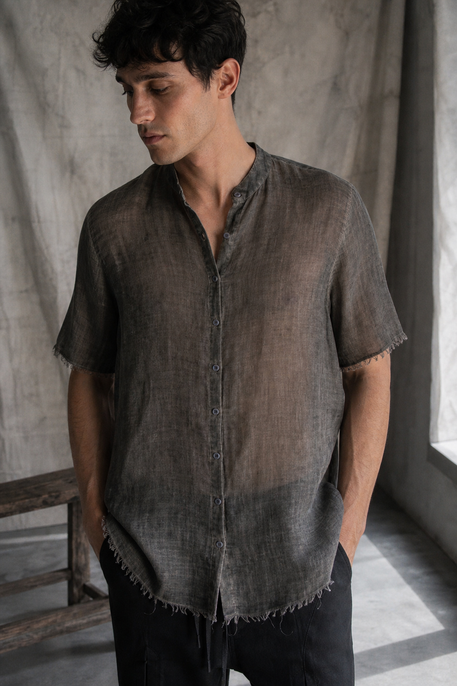 AITO Sheer Cotton Short-Sleeve Shirt — Grey