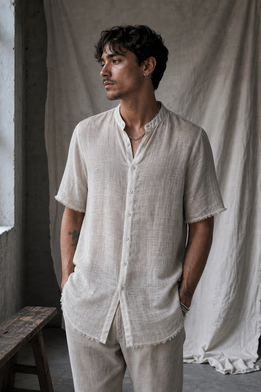 AITO Sheer Cotton Short-Sleeve Shirt — Stone