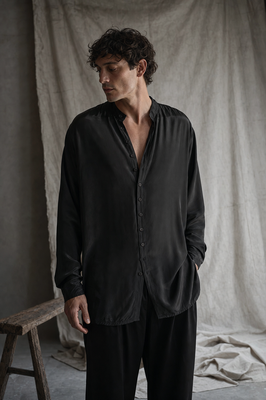 AITO Silk Button-Up Shirt — Black