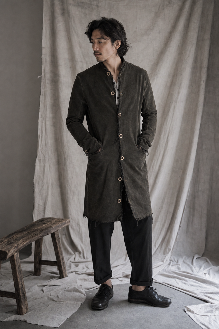 AITO Washed Cotton Long Buttoned Coat — Charcoal