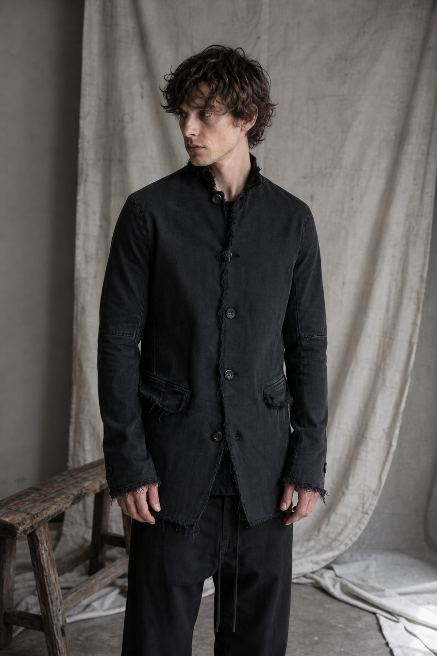 AITO Frayed Edge Cotton Blazer — Black