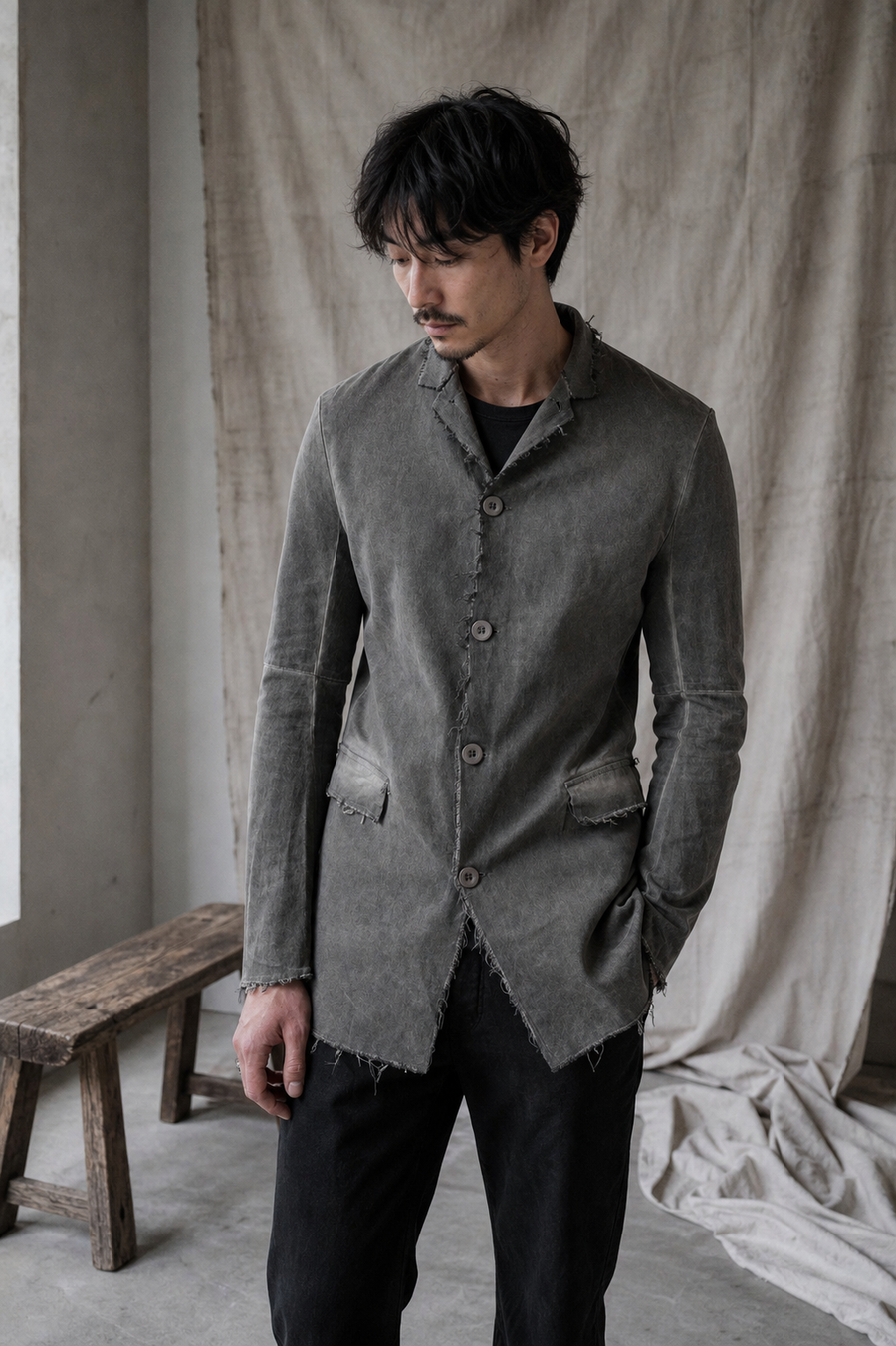AITO Frayed Edge Cotton Blazer — Dark Grey