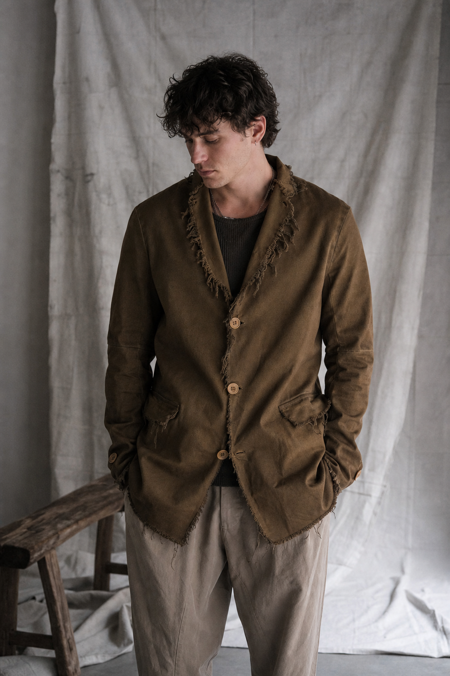 AITO Frayed Edge Cotton Blazer — Militare