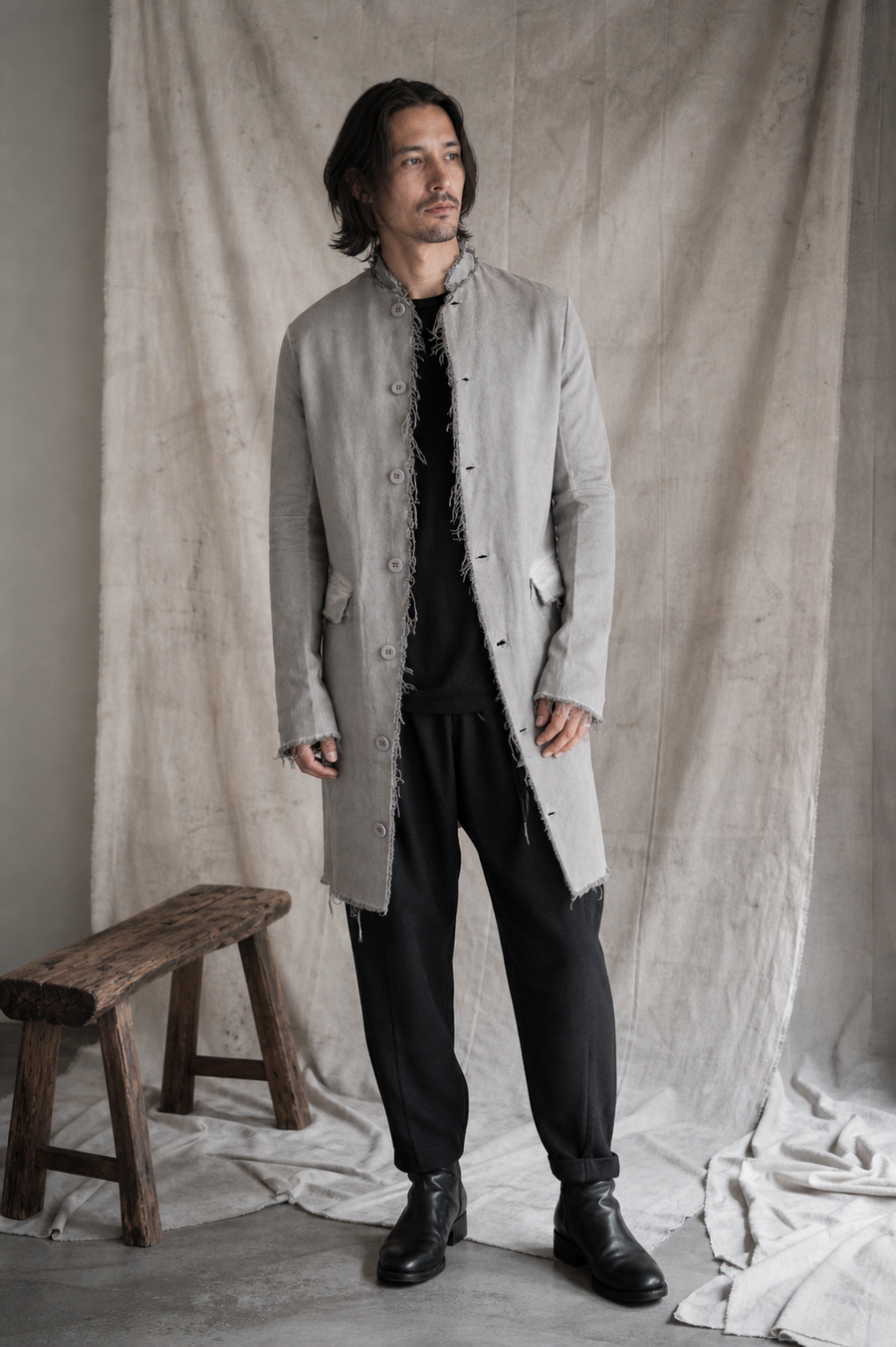 AITO Long Frayed Edge Button-Up Jacket — Grey