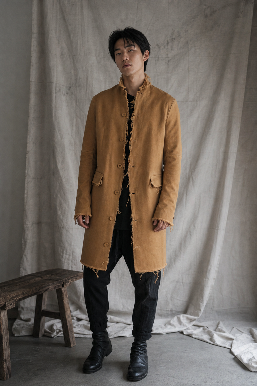 AITO Long Frayed Edge Button-Up Jacket — Tabaco