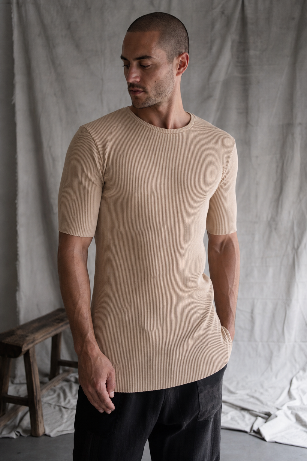 AITO Ribbed Cotton T-Shirt — Beige