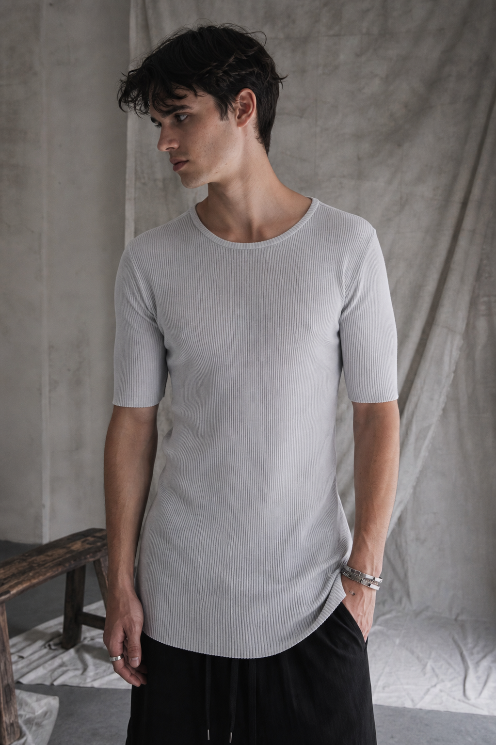 AITO Ribbed Cotton T-Shirt — Light Grey