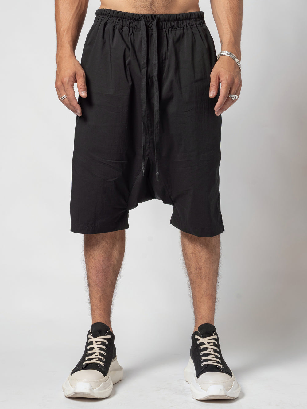 Drop-Crotch Cotton Shorts — Black