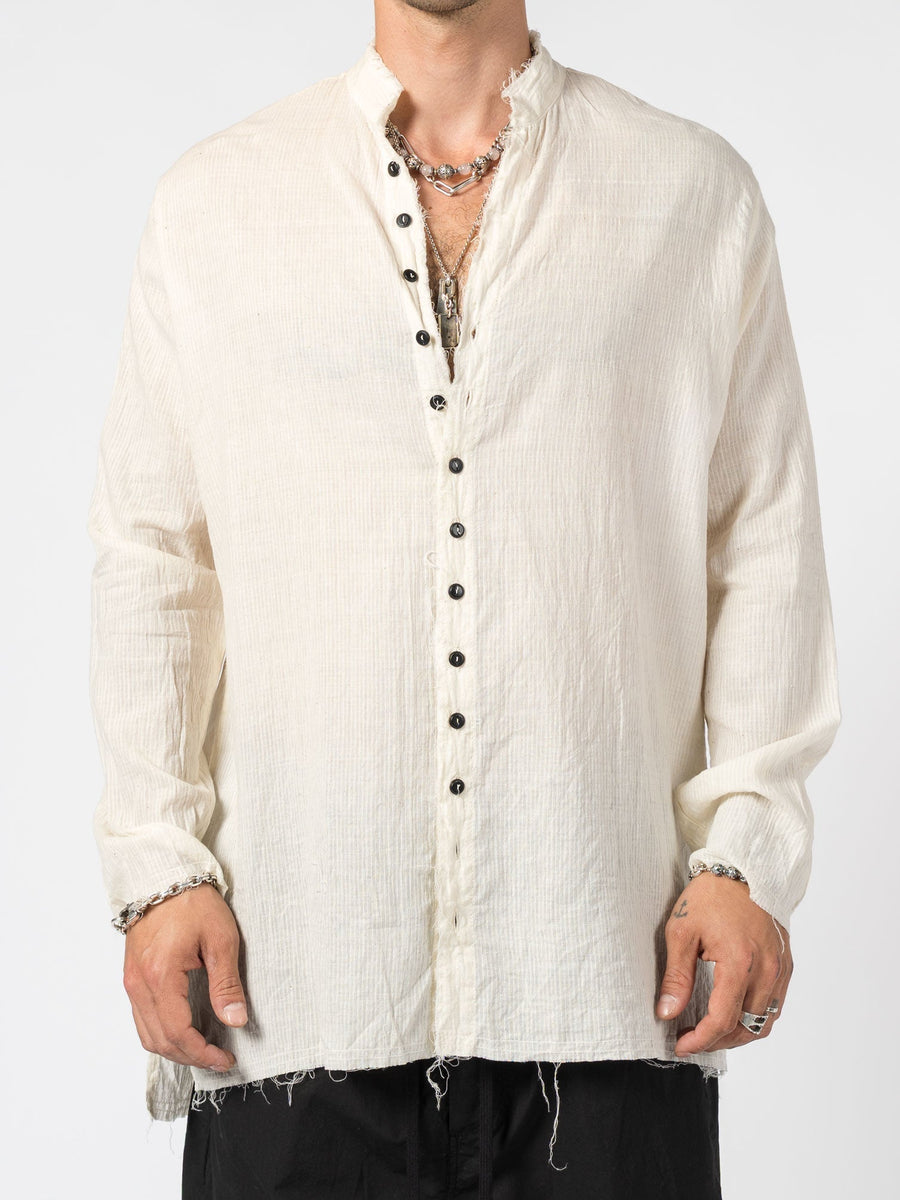 AITO Cotton Button-Up Shirt in Natural — front view showing the band collar, dark-button placket, and raw frayed hem.
