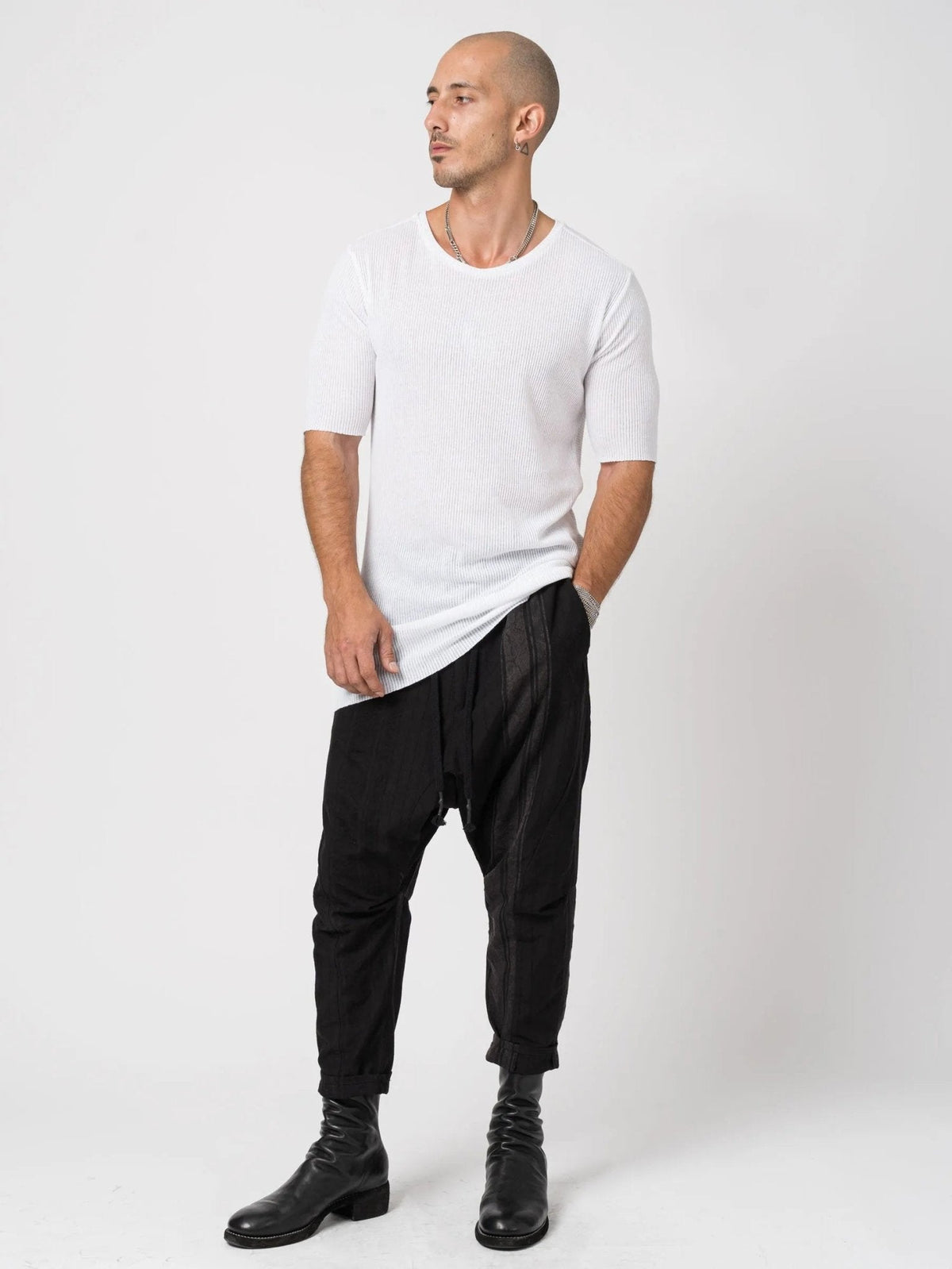 AITO Ribbed Cotton T-Shirt in White — full-length front view, half-sleeves and below-hip length
