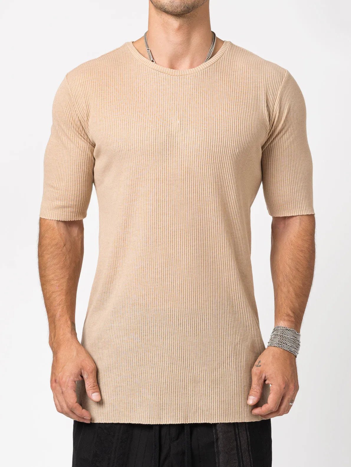 AITO Ribbed Cotton T-Shirt in Beige — front view on model, vertical rib and rolled crew neck