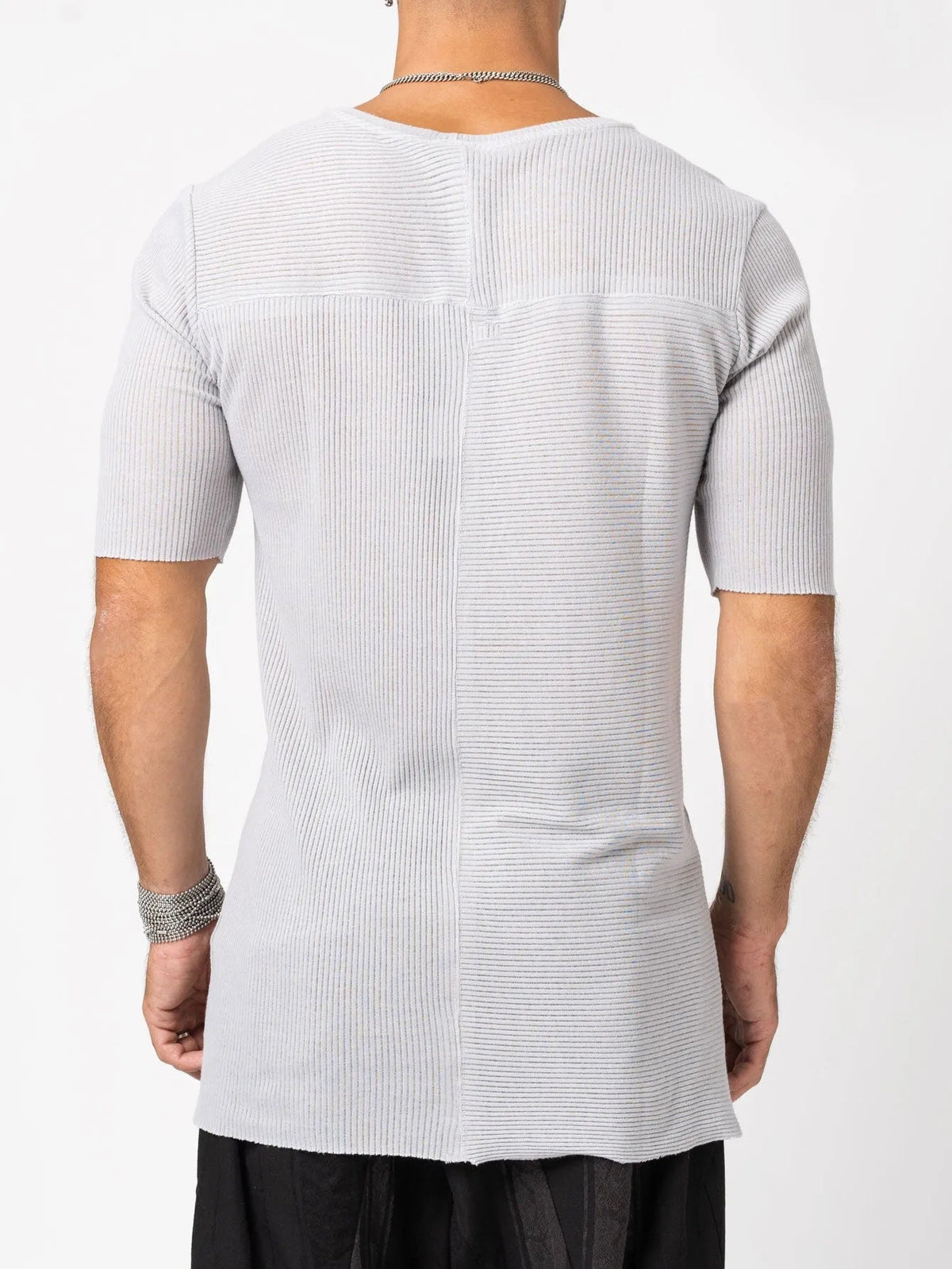 AITO Ribbed Cotton T-Shirt in Light Grey — on model, further view of the ribbed tee.