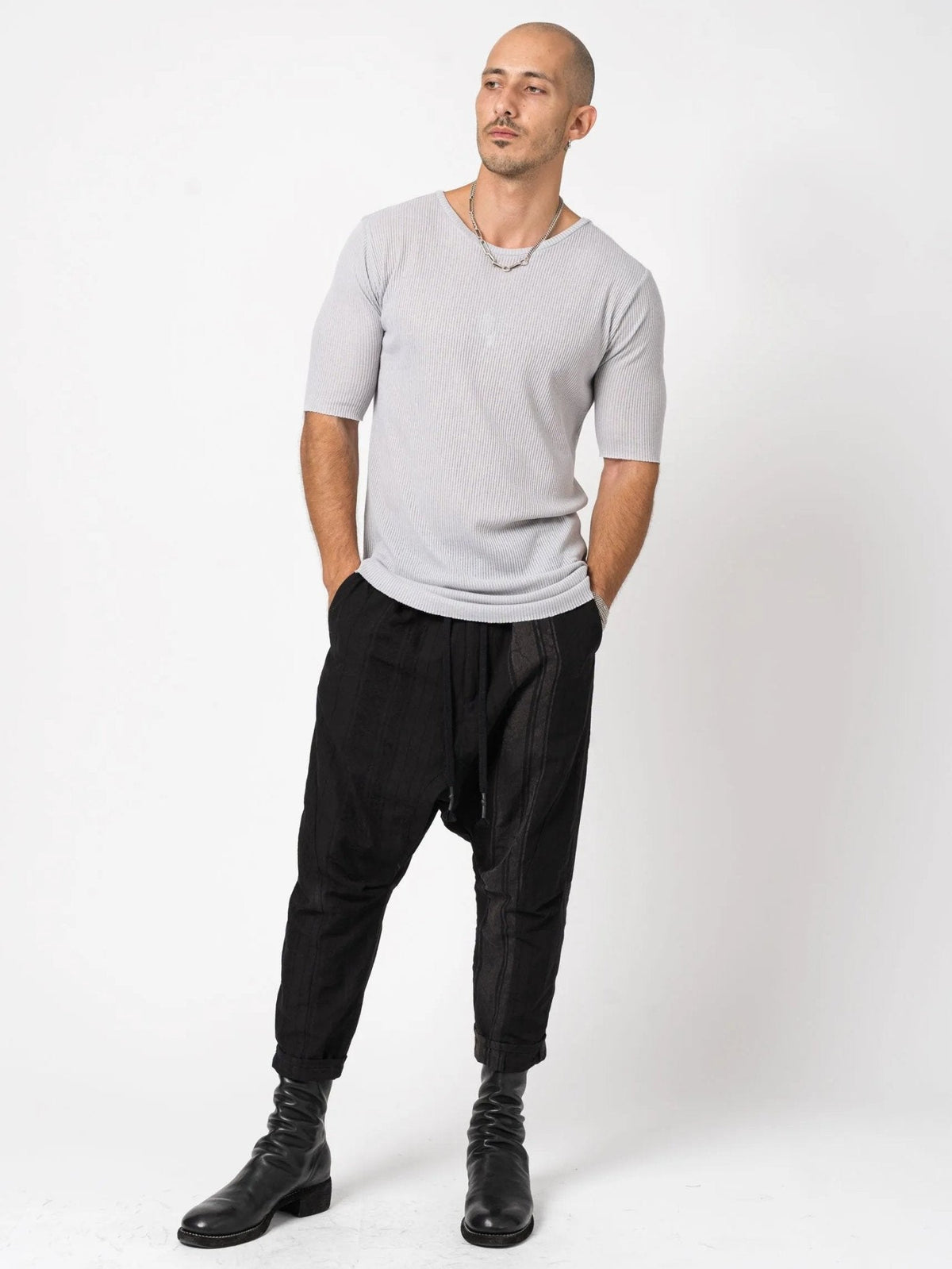 AITO Ribbed Cotton T-Shirt in Light Grey — garment detail of the ribbed knit and unbound raw-cut edge.