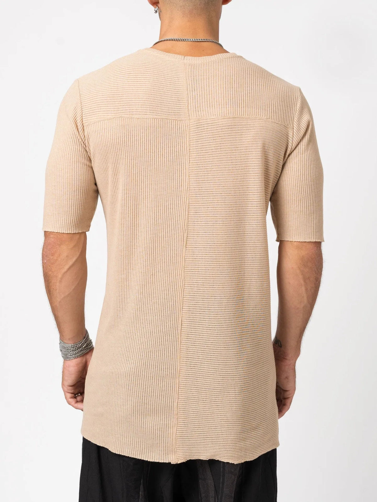 AITO Ribbed Cotton T-Shirt in Beige — back view with horizontal-ribbed yoke and exposed centre-back seam
