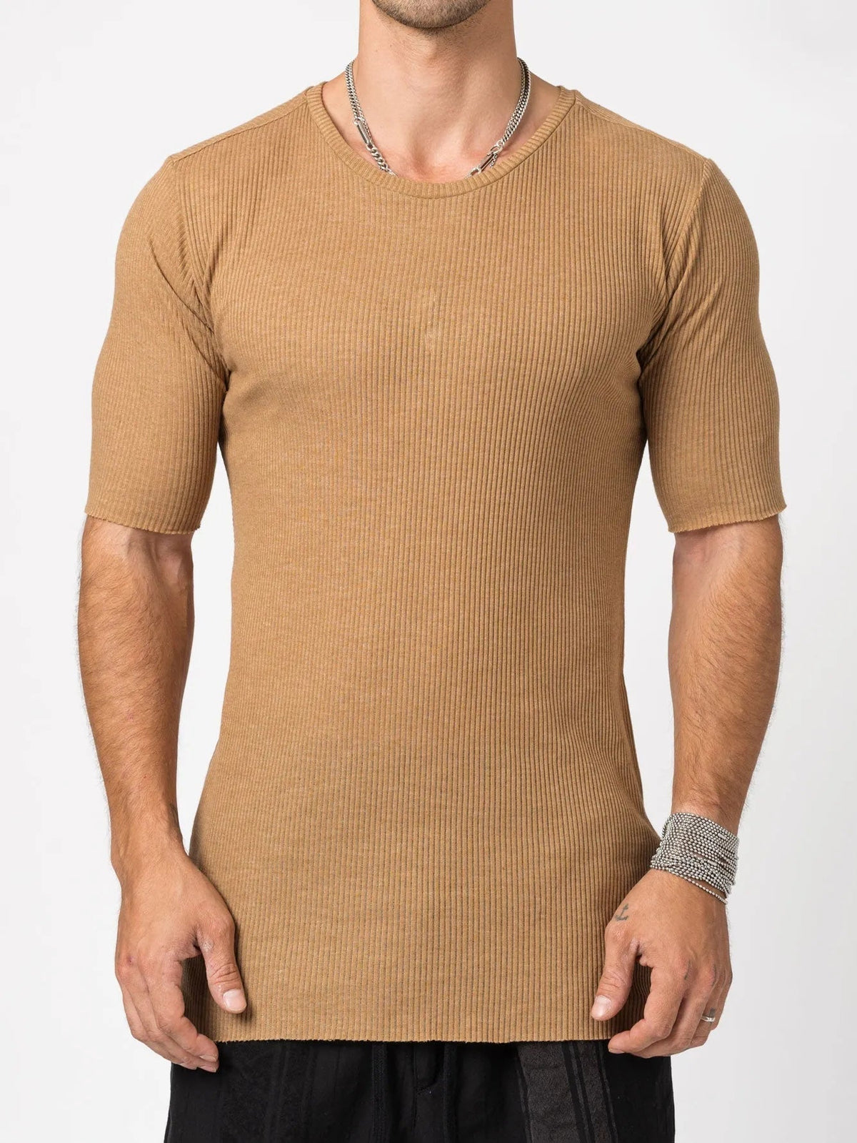 AITO Ribbed Cotton T-Shirt in Moka — front view on model showing the tight vertical rib and raw-cut crew neckline
