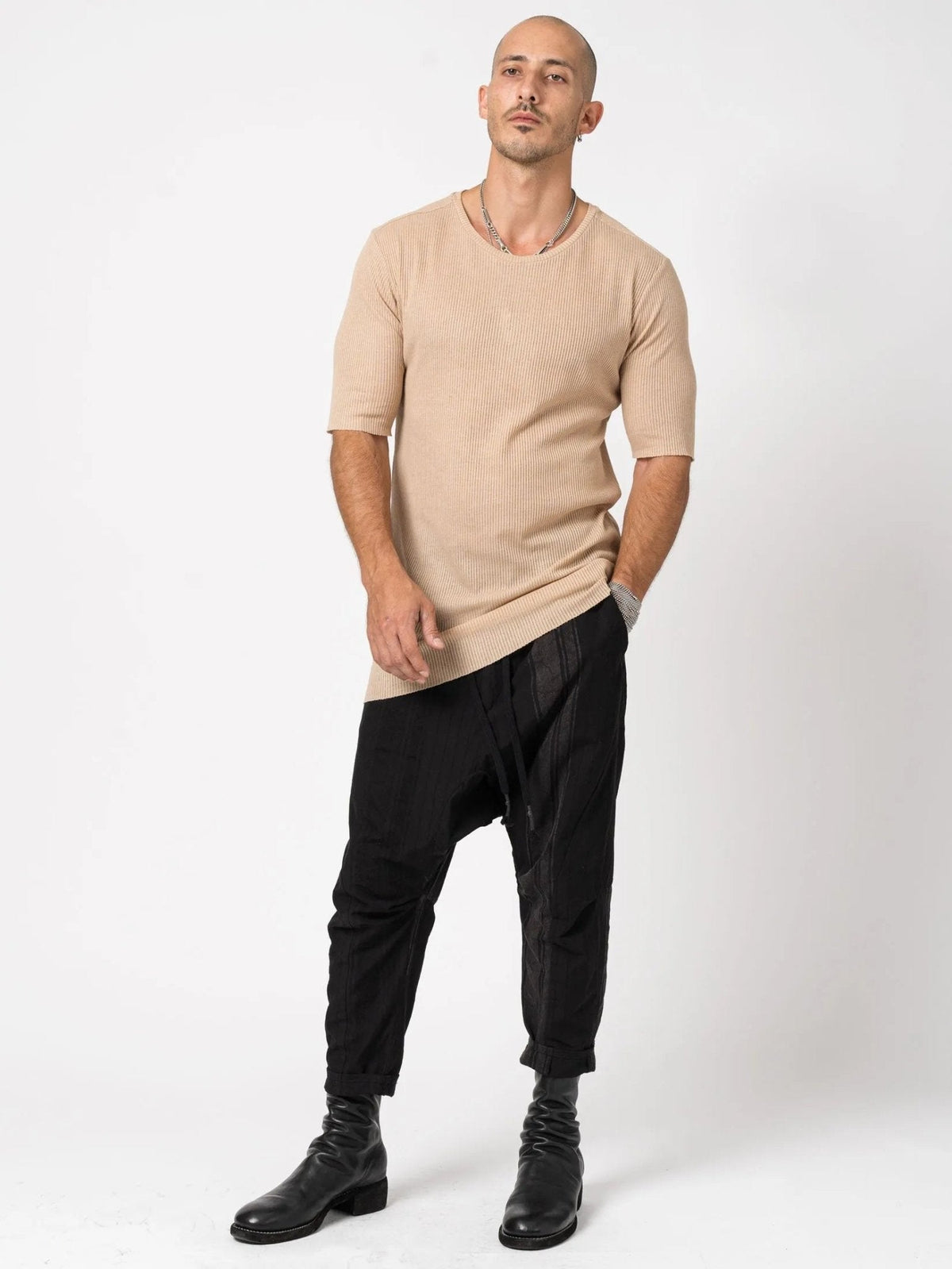 AITO Ribbed Cotton T-Shirt in Beige — garment detail