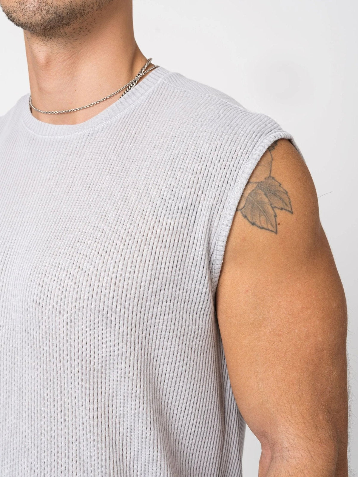 AITO Ribbed Tank Top in Light Grey — neckline and shoulder detail showing the ribbed crew band and armhole binding