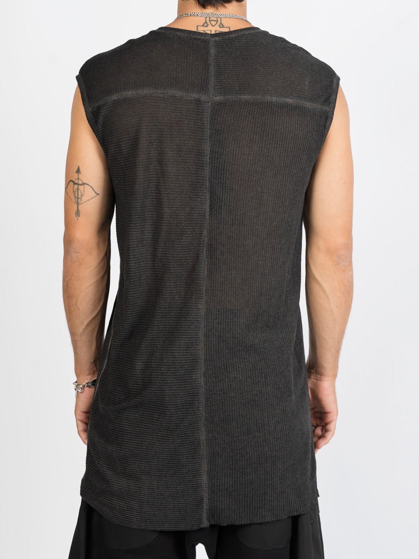 AITO Ribbed Tank Top in Militare — back view showing the paneled construction with centre-back and horizontal yoke seams