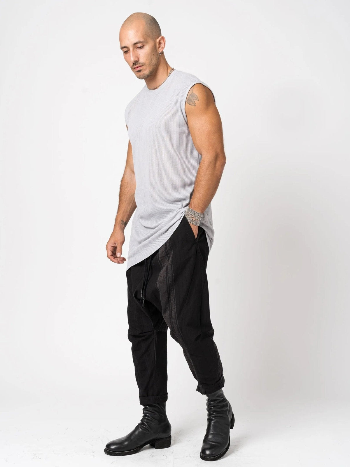 AITO Ribbed Tank Top in Light Grey — full-length front view on model styled with dark trousers