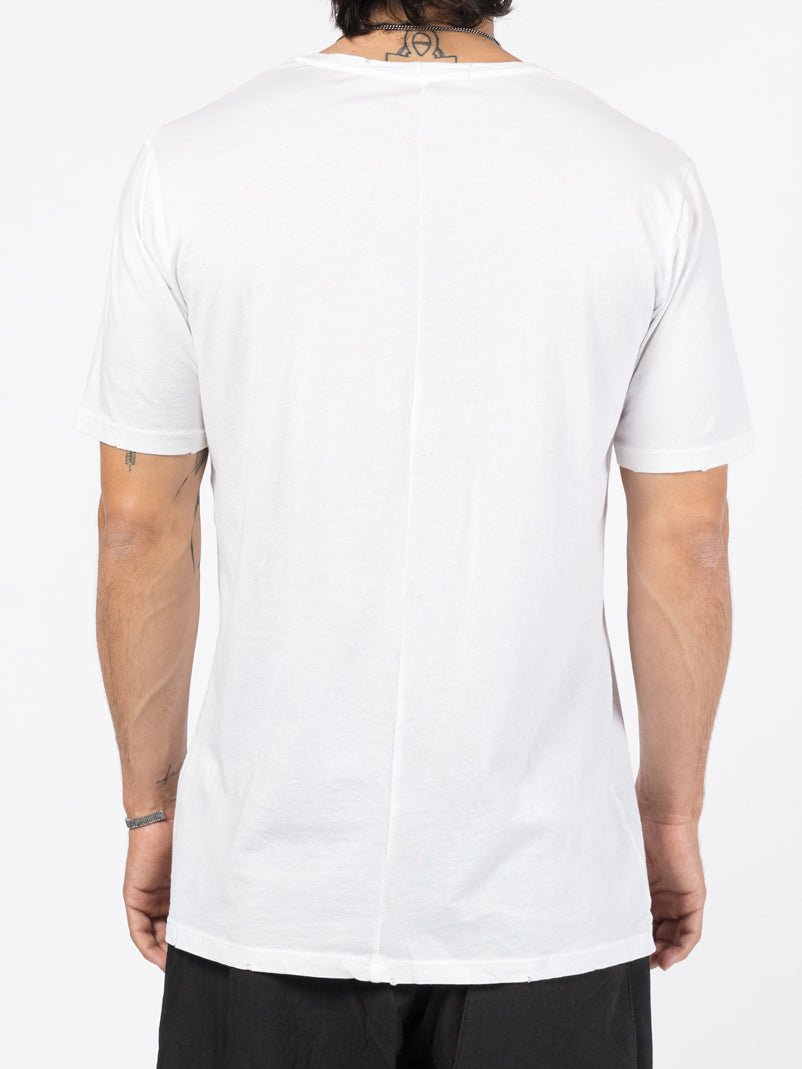 AITO Washed Cotton T-Shirt in White — back view on model showing the vertical centre-back seam and raw rolled hem